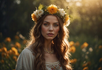 portrait of a girl wearing flowers crown in the garden