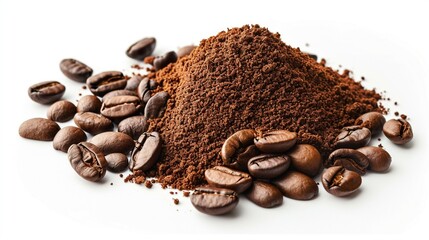 heap of ground coffee and beans as a background closeup, coffee background, coffee and beans as a background, coffee powder background, coffee banner, coffee ads, coffee powder, coffee, brown, bean