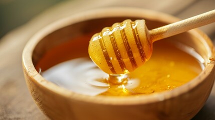 honey with a honey stick in the wooden bowl closeup, honey banner, honey background, honey ads, honey, healthy food concept, honey stick, and wooden bowl closeup, honey bowl closeup