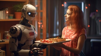 Pizza delivery robot, robot replaces a person, robot gives pizza to the customer, artificial intelligence