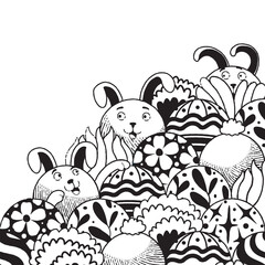 Easter pattern illustration with rabbit and graphic Easter eggs. Hand drawn doodle.