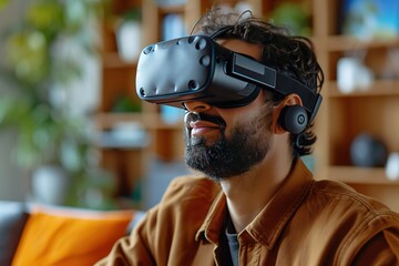 arabic guy experiencing augmented reality in headset communicating at home