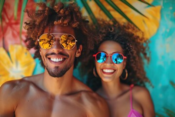 A holiday attractive couple is smiling sunglasses with a colorful background ; a tropical background or banner