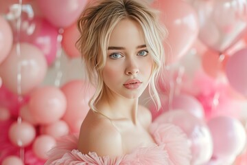 Obraz na płótnie Canvas Beautiful blonde caucasian model woman with blue eyes dressed in a pretty pink dress on a background with balloons and pink decorations