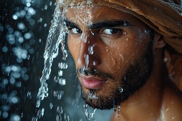Fototapeta na wymiar Handsome young Arabic male model taking hot shower