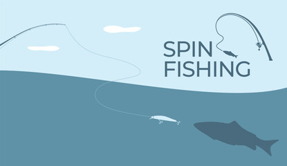 Fishing and active hobby. Fishing spining rod with fishing line. Fish biting a lure. Spin fishing on wobbler bait on the lake or river. Leisure. Оutdoor recreational. Vector illustration flat design.