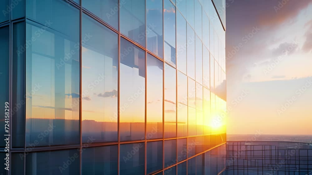 Poster the reflective gl surfaces of the building catch the last rays of sunlight creating a stunning visua