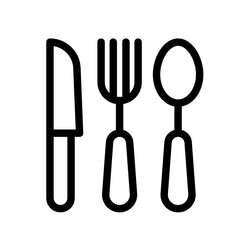 restaurant symbol, knife, fork and spoon black line icon, vector marker, food sign