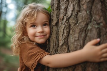 A little girl hugging a tree in the heart of a lush forest, conveying Earth Day and environmental care. ecosystem and healthy environment concept, earth day, save the world.

