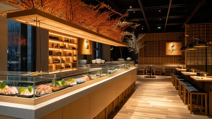 Fotobehang Traditional Japanese Sushi Restaurant Interior - Elegant Sushi Bar Design with Warm Lighting and Zen Aesthetic in a Panoramic View © Michael