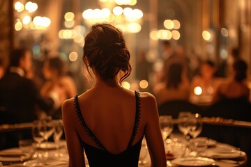 Woman in evening dress in a restaurant. Background with selective focus and copy space