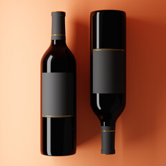 Glass bottles of red wine with blank label isolated over orange background. Top view. Mockup template. 3d rendering.