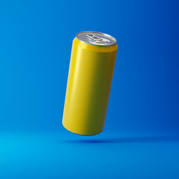 Falling yellow aluminum soda can isolated over blue background. Mockup template. 3d rendering.
