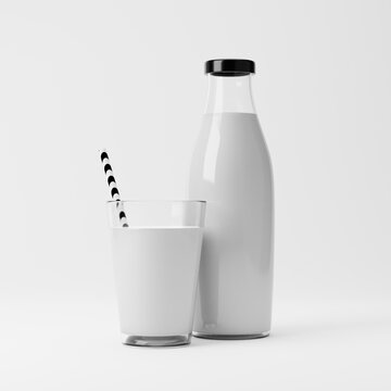 Milk bottle and milk in a glass with a straw isolated over white background. Dairy products concept. 3D rendering.