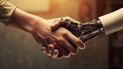 Business handshake between robot and human partners or friends. Robot and human hands close-up. Symbol of business relations between man and robot.