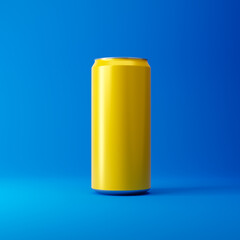 Yellow aluminum soda can isolated over blue background. Mockup template. 3d rendering.