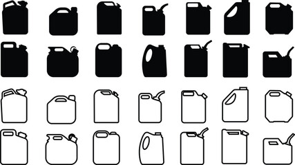 Jerrycan, canister icon in flat, line style set isolated on transparent background. petrol, gasoline, fuel or oil can symbol. black diesel plastic empty water canister vector for apps, website - obrazy, fototapety, plakaty