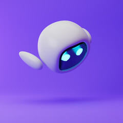 Cute robot flying with hands behind isolated over purple background. Technology concept. 3d rendering.