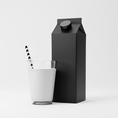 Milk carton pack and milk in a glass with a straw isolated over white background. Dairy products concept. Mockup template. 3d rendering.