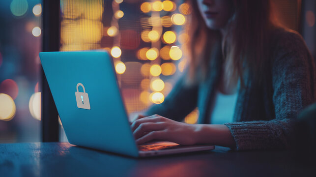 Cyberkriminalit&auml;t klaut Identit&auml;t mit Angriff im Internet mit unscharfem Hintergrund mit Zahlencodes Quellcode und Laptop mit Schloss Symbol Generative AI