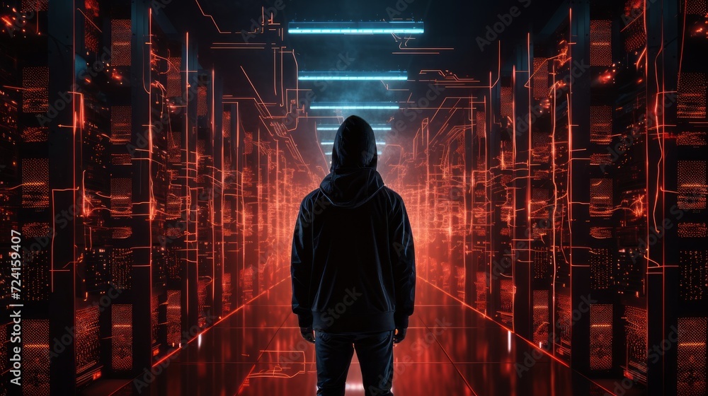 Aufkleber silhouette of a male hacker in a server room. neural network ai generated art