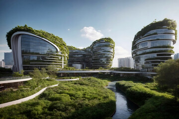 Eco friendly, futuristic green buildings, sustainable glass financial or residential modern houses with plants for reducing carbon dioxide and heat. Office, corporate building with green environment. 