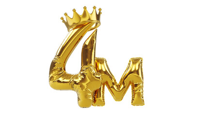 3D render of balloons golden number four or 4 with gold king crown, followers concept