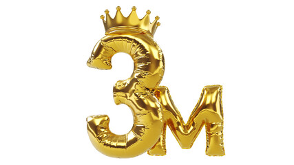 3D render of balloons golden number three or 3 with gold king crown, followers concept