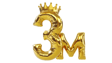 3D render of balloons golden number three or 3 with gold king crown, followers concept