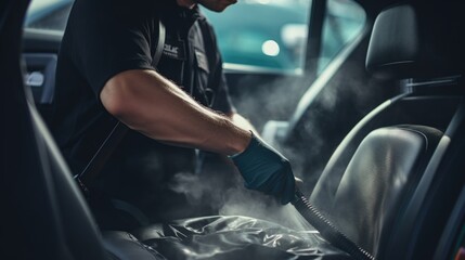 A man in a black shirt and blue gloves cleaning a car. Perfect for automotive and cleaning industry promotions