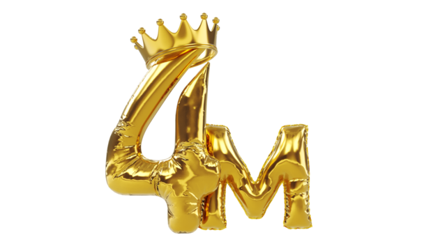 3D render of balloons golden number four or 4 with gold king crown, followers concept