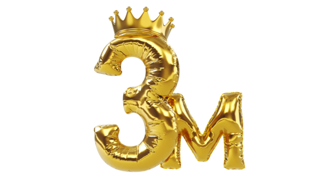 3D render of balloons golden number three or 3 with gold king crown, followers concept