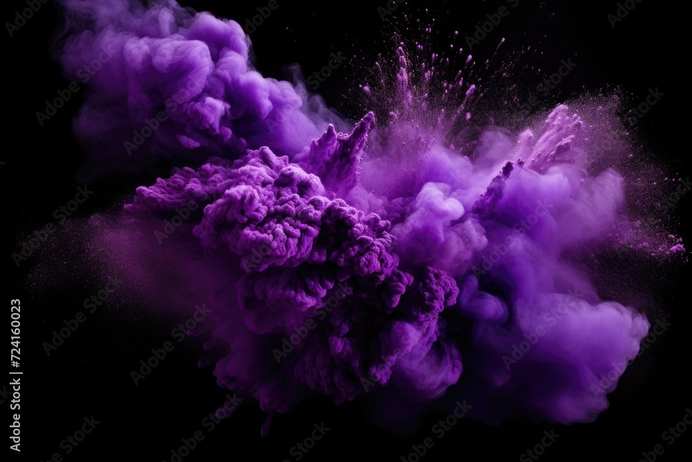 Poster A cloud of purple powder is suspended in the air, creating a vibrant and colorful scene. This image can be used to add an element of excitement and energy to various projects