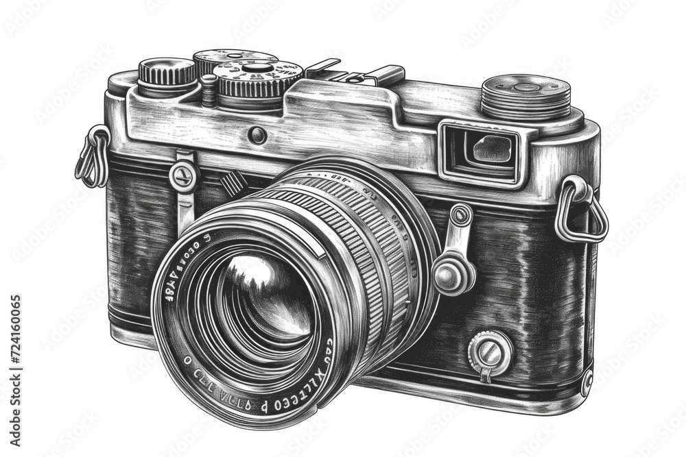 Poster a black and white drawing of a camera. can be used for graphic design projects or photography-relate