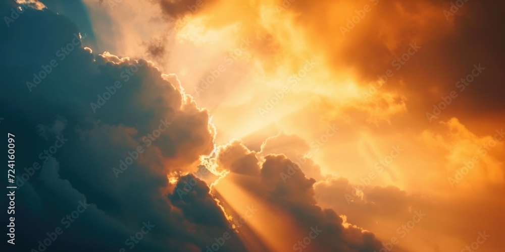 Poster Sunlight breaking through clouds in the sky. Perfect for nature and weather-related projects