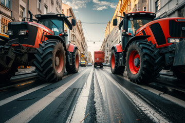 Tractors in row block traffic on city street, Farmers protest, Demonstration due to economic...