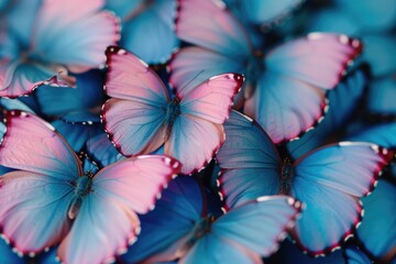 A bunch of blue and pink butterflies fluttering in a field. Perfect for nature and wildlife-themed designs - Powered by Adobe