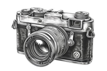 A black and white drawing of a camera. Can be used for graphic design projects or photography-related articles