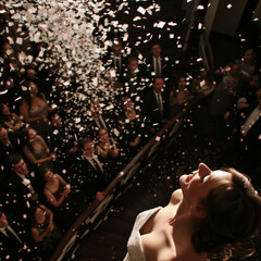 A bride in a white dress is viewed from above, standing on a tiled floor scattered with colorful confetti, capturing a moment of celebration.