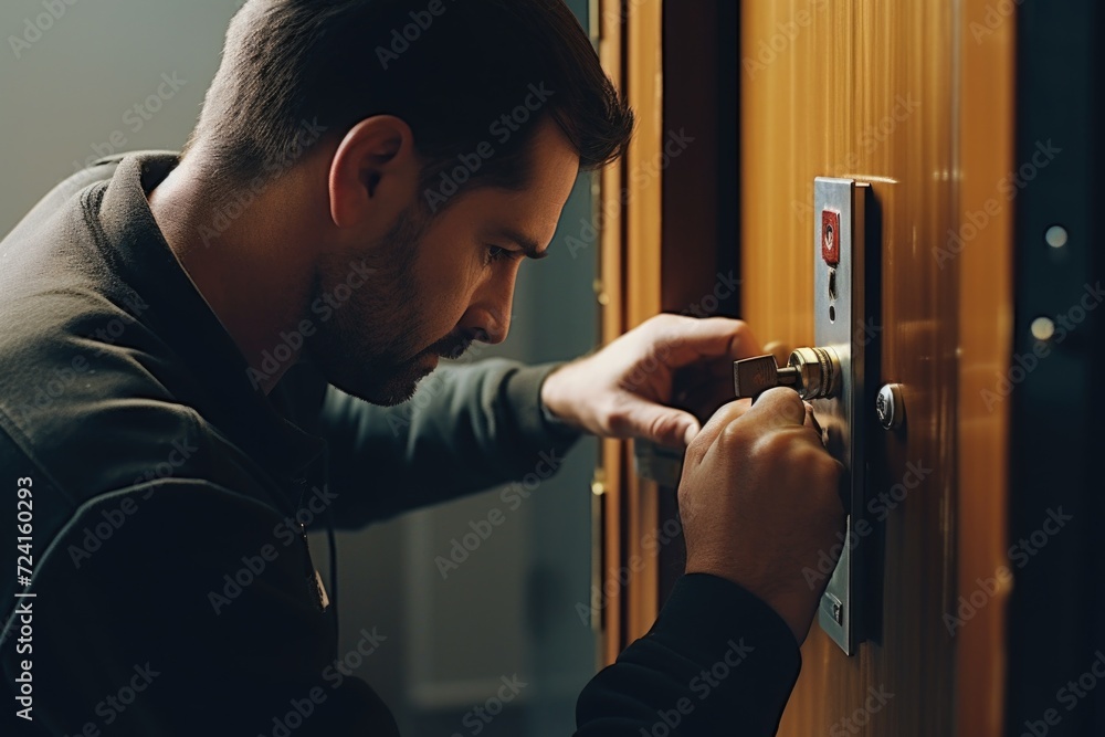 Wall mural a man is seen opening a door with a key. this image can be used to depict security, access, or unloc