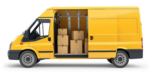 Yellow cargo van with cardboard boxes for shipping, isolated on white or transparent background