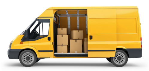 Yellow cargo van with cardboard boxes for shipping, isolated on white or transparent background