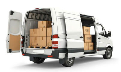 White cargo van with doors open and full of cardboard boxes for shipping, isolated on white or transparent background