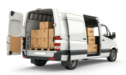 White cargo van with doors open and full of cardboard boxes for shipping, isolated on white or transparent background