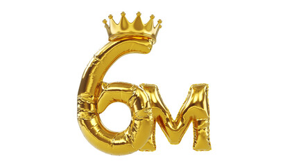 3D render of balloons golden number six or 6 with gold king crown, followers concept