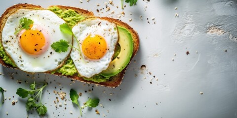 A delicious breakfast featuring two fried eggs on top of a piece of bread with avocado. Perfect for a healthy start to the day or as a brunch option.