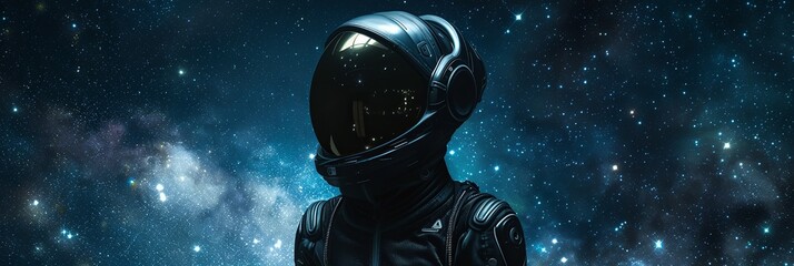 woman in a black futuristic spacesuit with galaxies and stars in the background - obrazy, fototapety, plakaty