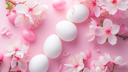 Soft pink Easter composition with eggs and cherry blossoms, ideal for home decor inspiration, holiday blogs, and creative DIY project guides.