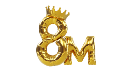 3D render of balloons golden number eight or 8 with gold king crown, followers concept