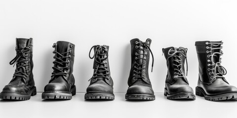 A row of black boots lined up against a white background. Versatile and stylish footwear for any occasion